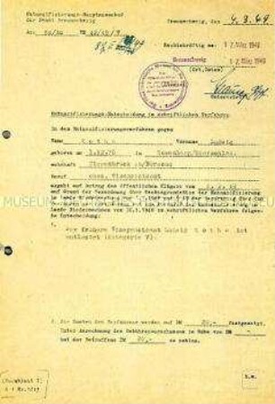 Maschinenschriftiches Schreiben zur Entnazifizierung