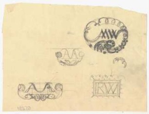 Vier Kalligrafie- und Ornamentstudien zu Monogrammen : Studien zu den Initialen A K, R W, M W