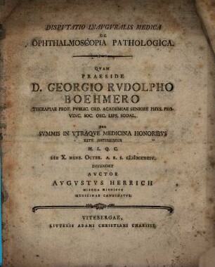 Dispvtatio Inavgvralis Medica De Ophthalmoscopia Pathologica