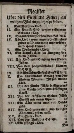 Register Uber diese Geistliche Lieder/ an welchem Blat ein jegliches zu finden