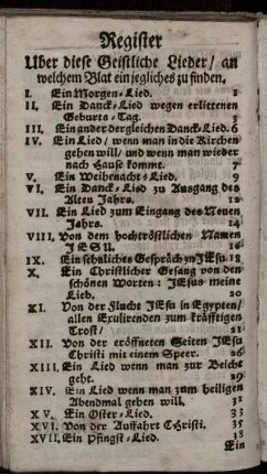 Register Uber diese Geistliche Lieder/ an welchem Blat ein jegliches zu finden