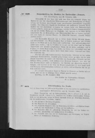Bekanntmachung des Senats, betr. die Anwendung der Zollvereins-Regulative in den dem Zollverein angeschlossenen Hamburgischen Gebietstheilen, vom 25. November 1868.