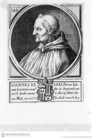 Unbekannte Sammlung numerierter Papstbildnisse in rundem Medaillon über wappenbewehrter Inschrift, mit Zierleiste in Akanthusornamentik, Johannes XXI., Papst, Porträt