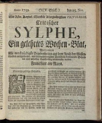 (XCV. Stück.) den 25. Nov. Anno 1752.