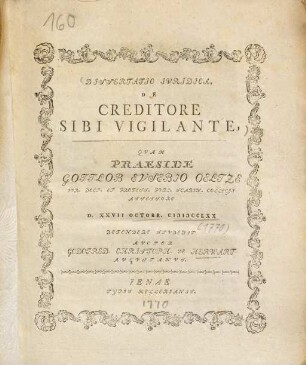 Dissertatio Jvridica, De Creditore Sibi Vigilante