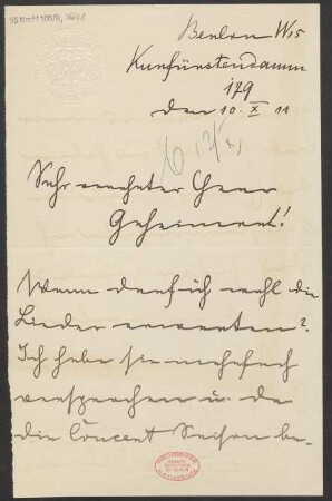 Brief an Ludwig Strecker  und B. Schott's Söhne : 10.10.1911