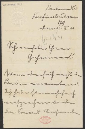 Brief an Ludwig Strecker <senior> und B. Schott's Söhne : 10.10.1911