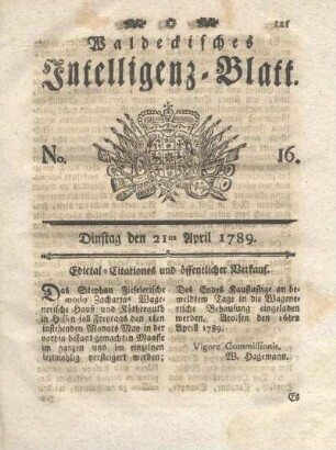 No. 16, Dinstag den 21ten April 1789