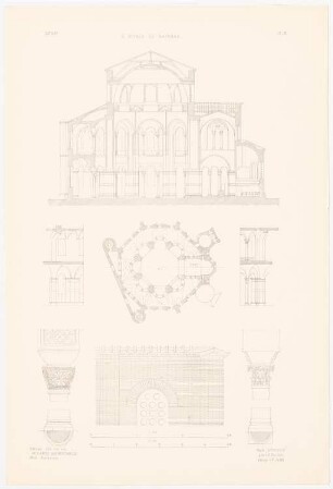 S. Vitale, Ravenna: Querschnitt, Grundriss, Details (aus: Altchristl. u. roman. Baukunst, hrsg. v. Zeichenaussch. d. Stud. d. TH Berlin, 1875)