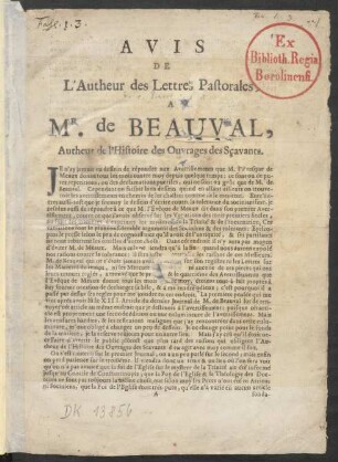Avis De L'Autheur des Lettres Pastorales, A Mr. de Beauval, Autheur de l'Histoire des Ouvrages des Sçavants