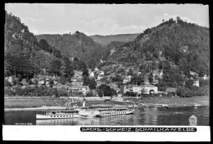 Sächsische Schweiz, Schmilka an der Elbe, Blick über die Elbe mit Elbdampfer Dresden