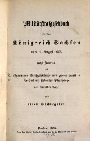 Militärstrafgesetzbuch für das Königreich Sachsen vom 11. August 1855