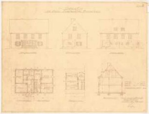 Zweifamilien-Doppelhaus, Typ A: Straßenansicht, Seitenansicht, Rückansicht, Grundrisse EG, OG, DG, Querschnitt
