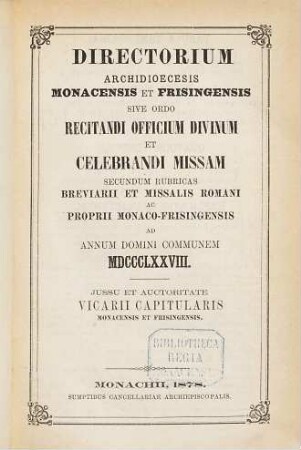 Directorium sive ordo divini officii recitandi et missae celebrandae. 1878