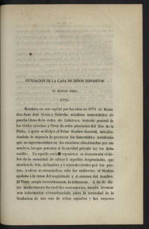 Fundacion de la Casa de niños espósitos en Buenos Aires - 1779