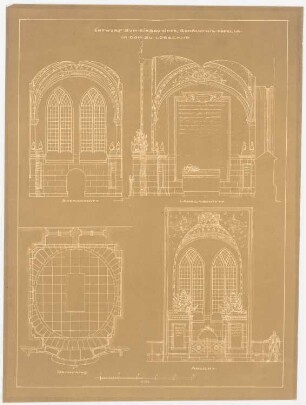 Dom, Lübeck Gefallenen-Gedenkkapelle: (von Inv.Nr. 43536) Grundriss 1:50; Aufriss der Ansicht aus dem Kircheninnern 1:50; Längsschnitt 1:50; Querschnitt 1:50