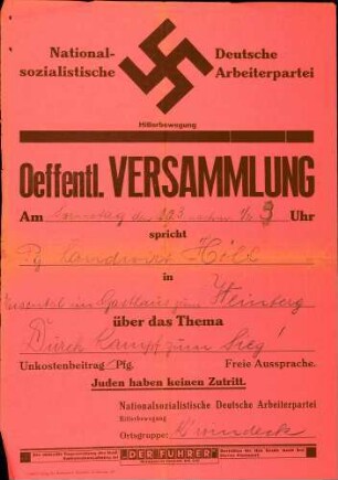 Versammlung der NSDAP-Ortsgruppe Kappelwindeck: Durch Kampf zum Sieg (in Eisental)