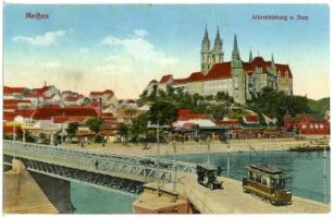 Meißen. Burgberg, Elbbrücke, Straßenbahn, Auto