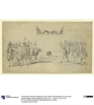 Allegorische oder satirische Darstellung: ein von einem doppelköpfigem Adler gehaltenes Banner wird von einem König beschädigt, zahlreiche weitere Figuren, darunter der Papst