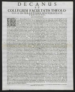 Decanus Et Collegium Facultatis Theologicae In Per-Antiqua Universitate Tubingensi. Lectori Benevolo Salutem!