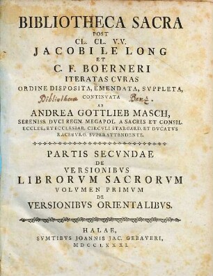 Bibliotheca Sacra, 2,1. De Versionibus Librorum Sacrorum ; 1. De Versionibus Orientalibus