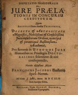 Disputatio Inauguralis De Jure Praelationis In Concursu Creditorum