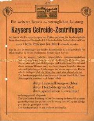 Veröffentlichung des Prüfungsergebnisses über die Getreide-Zentrifuge von Kayser