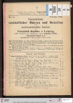 Verzeichnis verkäuflicher Münzen und Medaillen sowie numismatischer Bücher (Katalog-Nr. 12)