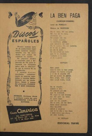 La bien pagá : (Canción-Zambra). Editorial Trave.