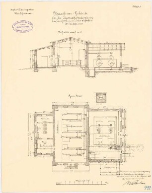 Hafengebäude, Danzig-Neufahrwasser: Maschinenhaus: Grundriss, Längsschnitt 1:100
