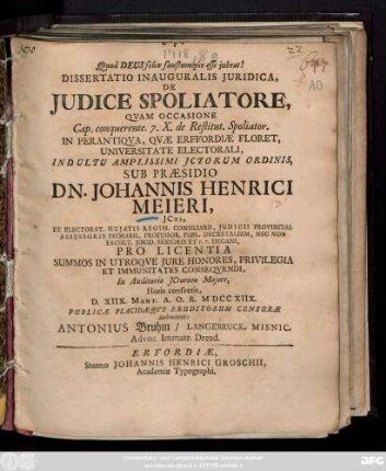 Dissertatio Inauguralis Juridica, De Judice Spoliatore