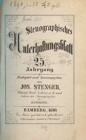 Stenographisches Unterhaltungsblatt : Bamberger Blätter in Einheitskurzschrift. 25. 1890