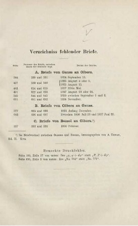 Verzeichniss fehlender Briefe.