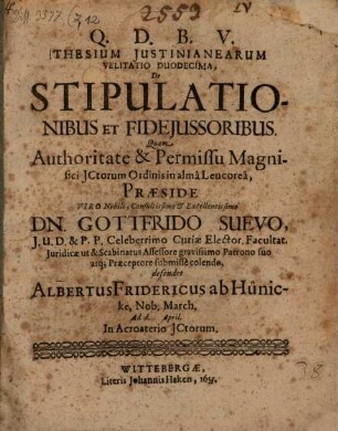 Thesium Iustinianearum Velitatio Duodecima, De Stipulationibus Et Fideiussoribus