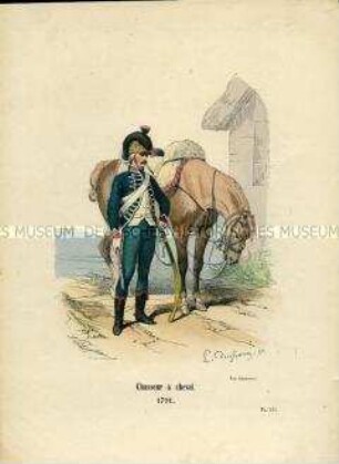 Uniformdarstellung, Gemeiner des Jäger-Bataillons zu Pferde, Frankreich, 1791.