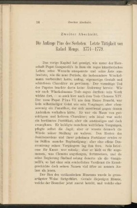 Zweiter Abschnitt. Die Anfänge Pius des Sechsten. Letzte Tätigkeit von Rafael Mengs. 1774-1779.