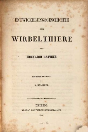 Entwickelungsgeschichte der Wirbelthiere : Mit einem Vorwort von A. Kölliker