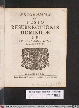 Programma In Festo Resurrectionis Dominicae P. P. In Academia Ivlia Anno MDCCIX
