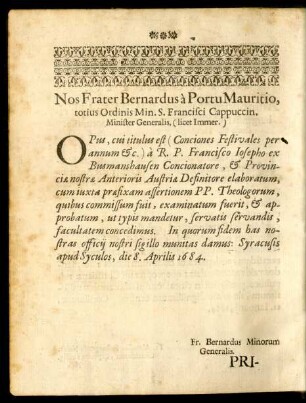 Nos Frater Bernardus a Portu Mauritio ...