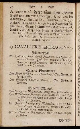 Anciennté derer sämtlichen Herren Chefs und anderer Officieren,[...] - Mondirungs-Verzeichniß der Trouppen.