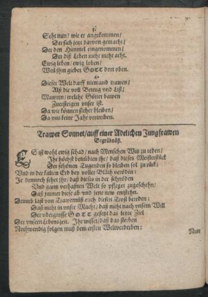 Trawer Sonnet/ auff einer Adelichen Jungfrawen Begräbnüß.