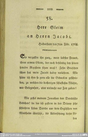 58. Herr Gleim an Herrn Jacobi. Halberstadt den 7ten Febr. 1768