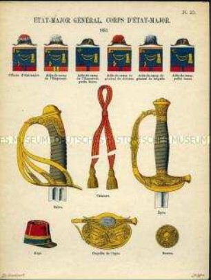 Uniformdarstellung, Detailstudien von Hüten, Abzeichen, Schärpe, Degen- und Säbelgriffen Kragenverzierungen verschiedener Adjutanten, Zweites Kaiserreich Frankreich, 1852.