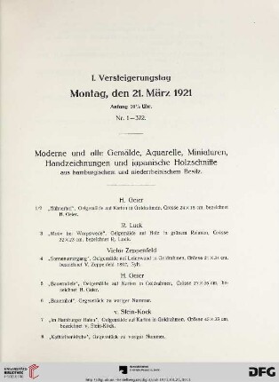 I. Versteigerungstag: Moderne und alte Gemälde, Aquarelle, Miniaturen, Handzeichnungen und japanische Holzschnitte (Nr. 1-372)