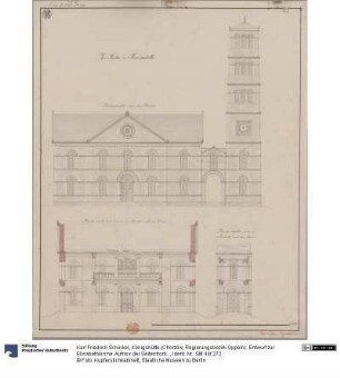 Königshütte (Chorzów, Regierungsbezirk Oppeln). Entwurf zur Elisabethkirche. Aufriss der Seitenfront, Quersschnitt und Turmquerschnitt