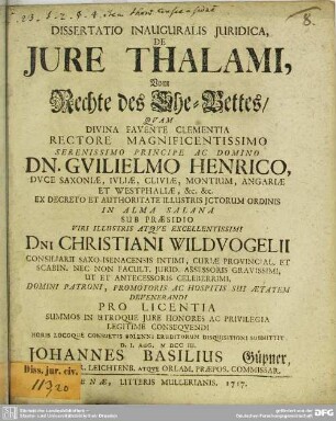 Dissertatio Inauguralis Iuridica De Iure Thalami