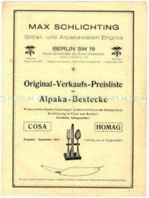 Preisliste über Alpaka-Bestecke