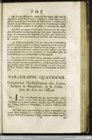 Paragraphe Quatriéme Concernant l' Etablissement des Cours, Justices & Magistrats, & la Collation de tous les Offices