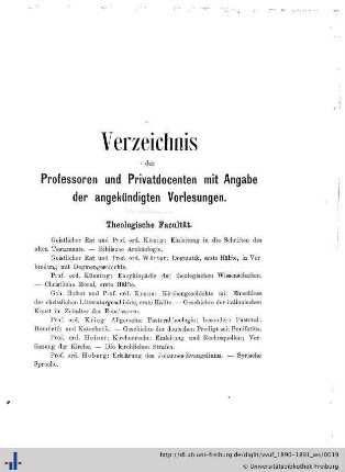 Verzeichnis der Professoren und Privatdocenten mit Angabe der angekündigten Vorlesungen.