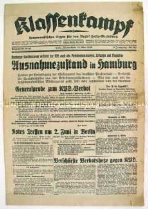 Regionale kommunistische Tageszeitung "Klassenkampf" zum Verbot der KPD in Hamburg